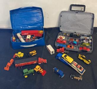Vintage Hot Wheels & Matchbox Diecast Cars Lot with 2 Carrying Cases, 30+ Vehicles, 1:64 Scale