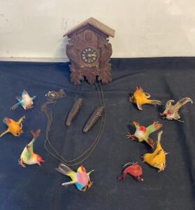 Vintage Carved Wooden Wall Cuckoo Clock with Pinecone Weights & 9 Colorful Decorative Birds