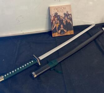 Green Handle Katana-Style Sword with Rectangular Guard and Scabbard, Approx. 40" Overall Length - Plastic and the World of Critical Role Hardback