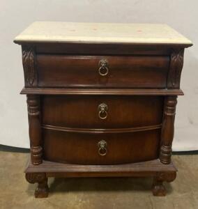 Antique-Style Wooden Dresser with White Marble Top and Brass Lion's Head Pulls