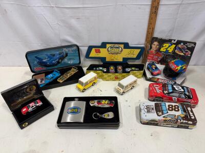 NASCAR Diecast Collectibles Lot: Petty, Gordon, Earnhardt, Daytona 500, Gold Car, Memorabilia Set