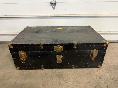 Antique Flat Top Steamer Trunk, Black Canvas, Brass Hardware, Removable Interior Tray