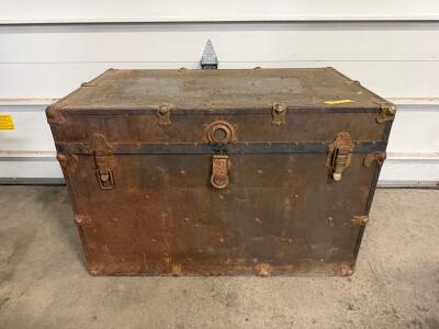 Vintage Military Steamer Trunk with Metal Construction and Olive Drab Finish