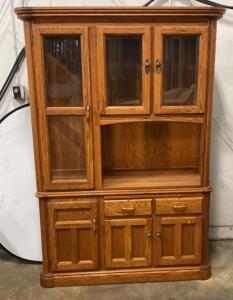 Large Oak China Hutch Cabinet with Glass Doors, Wood Base, 2 Drawers, Display Shelves, 78"x58"x18"