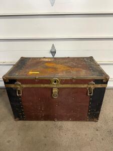 Antique Flat Top Steamer Trunk, 36"x20"x22", Brass Hardware, Patterned Lining, 1920s-40s