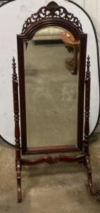 Victorian-Style Ornate Cheval Floor Mirror, Solid Wood, Dark Mahogany Finish, 65"x25" Tilting