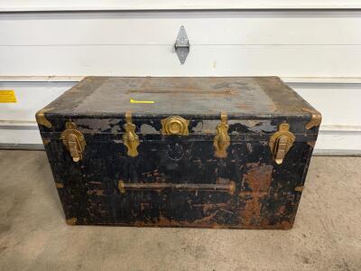 Antique Flat Top Steamer Trunk, Circa 1900s, Black with Brass Hardware, 34" x 21" x 15"