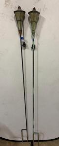 Vintage Metal Tiki Torches, Pair, 60 in Tall, Dual Prong Stake, Decorative Top, Patina Finish