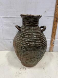 Handcrafted Ribbed Stoneware Pottery Vase, Dual Handles, 11.5 in x 8 in, Glossy Brown Glaze