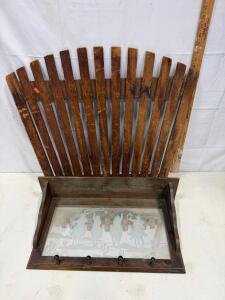 Rustic Wooden Wall-Mounted Rack with Shelf & Cowboy Etched Glass, 4 Hooks, 36"x30"