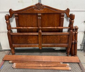Antique Carved Wooden Four-Poster Bed Frame with Ornate Crest and Turned Posts Queen Size