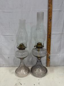Antique Pair of Clear Glass Table Oil Lamps with Brass Burners, Approx. 17" Tall