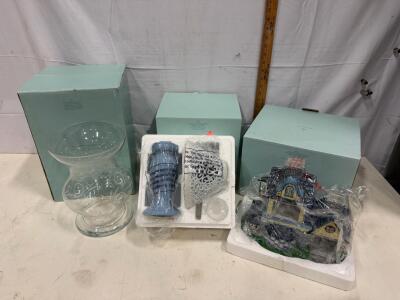 Partylite Candle Holder Lot: White Radiance Hurricane, Cameo Lamp, Shoppe Tealight House