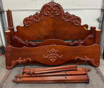 King Size Ornate Carved Mahogany Wood Bed Frame with Tall Posts, Victorian Revival