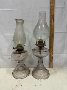 Antique Glass Table Oil Lamps, Pressed Glass Bases, Brass Burners, 13.5-inch w/ Chimney, 1880&ndash;1920