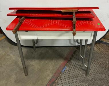 Red Retro Kitchen Table with 3 Nesting Trays, Metal Legs, Central Drawer, 1950s Diner Style