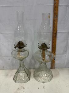Clear Glass Table Oil Lamps, 14" Tall, Ribbed & Faceted Bases, Metal Burner, Flat Cotton Wick