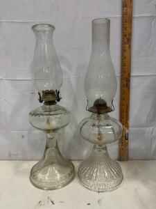 Pair of Vintage Glass Oil Lamps, 14&ndash;16" Tall, Clear Glass, Ribbed and Plain Bases, Complete Chimneys