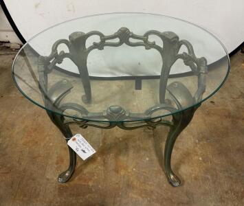 Vintage Ornate Cast Iron Side Table, Round Thick Glass Top, Scrollwork Cabriole Legs, 24"x20"