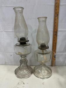 Pair of Antique Clear Pressed Glass Parlor Oil Lamps, 13.5" Tall, Patterned Bases