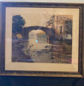 Paul Emile Lecomte Signed Etching &ndash; Antique European Bridge Scene, Framed, ca. Early 20th Century 32&rdquo;x29&rdquo;