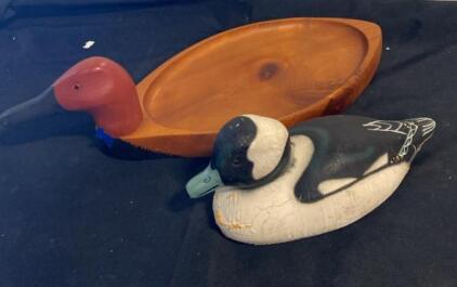 Hand-Painted Wooden Duck Decoy & Duck-Shaped Wood Serving Tray &ndash; Folk Art, Rustic Home Decor