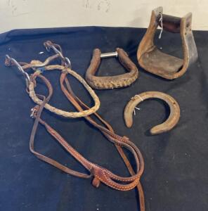 Vintage Western Horse Tack Lot: Leather Bridle with Bit, Wooden Stirrups, Horseshoe