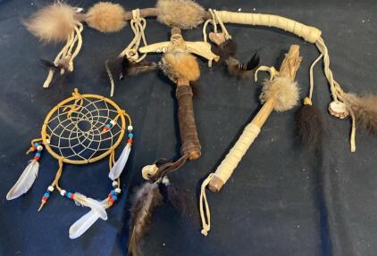 Native American-Style Ceremonial Tomahawk, Dance Stick & Dreamcatcher Set &ndash; Fur, Feathers, Beads