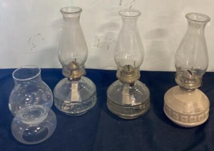 Vintage Glass Oil Lamps with Brass Burners and Chimneys, 12" Height, Clear and Amber Variants