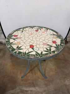 Round Mosaic Tile Outdoor Bistro Table, 24" Diameter, Metal Frame, Floral Design, Patio-Ready