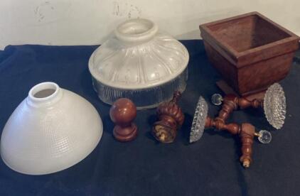 Vintage Glass Lamp Shades, Wood & Glass Finials, Square Planter &ndash; Ornate & Decorative Hardware Lot