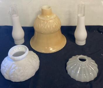 Vintage Lamp Glass Shades & Chimney Globes Set &ndash; Milk Glass, Ribbed, Ornate, 5 Pieces