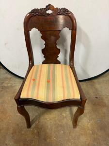 Victorian Balloon Back Side Chair, Carved Walnut, Striped Upholstery, Crest Damage