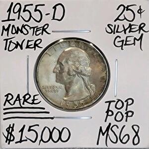 1955-D Washington Quarter MS68 Silver Monster Toner Top Pop, Denver Mint, 90% Silver