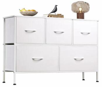 WLIVE ASNG020 Fabric 5-Drawer Low Storage Cabinet, White, 39.4" W x 11.8" D x 21.7" H