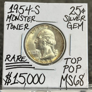1954-S Washington Quarter MS68 Silver, Monster Toner, San Francisco Mint, Rare Top Pop
