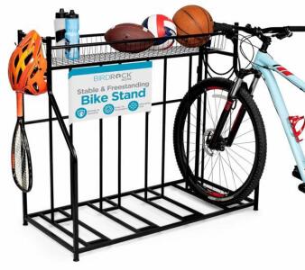 BirdRock Home 4-Bike Stand With Storage, Model 11349, Black, Freestanding Steel Rack