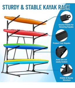 Faesun 4-Layer Freestanding Kayak Storage Rack, Holds 4 Kayaks, Adjustable Arms, Black