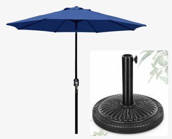 Fruiteam 9 Ft Blue Patio Umbrella With Base, Crank Lift, Tilt, UV Protective