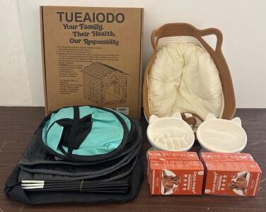 Complete Pet Essentials Starter Bundle: Playpen, Wooden House, Bowls, Bed, 1 Year Supply Calming Spray