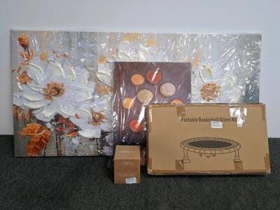 Lot: Flower Wall Art 60"x30", leskep Basketball Rebounder, savepod 200 Compostable Filters, grains wall art.