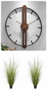 Modern 24" Wall Clock, Minimalist Metal & Wood, 2-Pack 5ft Artificial Reed Grass Plants, AfanD