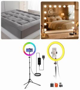 King Size Mattress Pad, Neewer 12" RGB Ring Light Kit, PURA 23"x18" Hollywood Vanity Mirror
