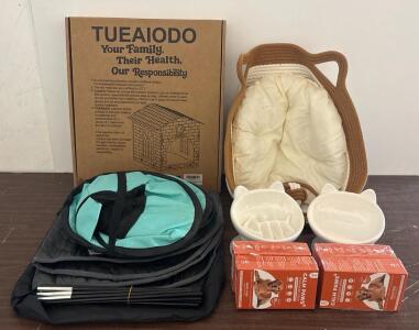 Complete Pet Essentials Starter Bundle: Playpen, Wooden House, Bowls, Bed, 1 Year Supply Calming Spray
