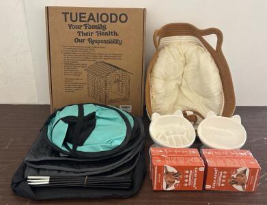 Complete Pet Essentials Starter Bundle: Playpen, Wooden House, Bowls, Bed, 1 Year Supply Calming Spray