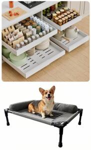 (4) Adjustable Pull-Out Cabinet Organizer Trays & Elevated Dog Bed