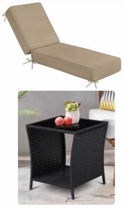 Outdoor Lounge Cushion and Rattan Side Table Set with Tempered Glass Top