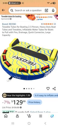 REOSKI 2-3 Person Towable Inflatable Water Tube, 840D Nylon Cover, Stabilizer Fins, Quick-Connect Tow System