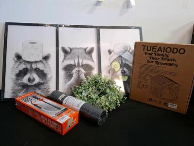 Home Decor & Utility Lot: Framed Raccoon Art, TUEAIODO Pet House, Fuel Pump, Mat, Wreath