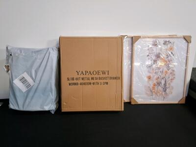 WestMonth King 1000GSM Quilted Mattress Topper, 3pc Kitstorack Metal Mesh Baskets, 2 Framed Floral Prints